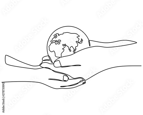 Continuous Line Drawing Of Hands Holding Earth Globe Vector