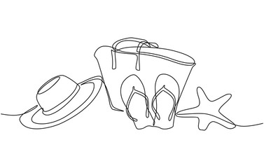 Continuous line drawing of summer concept of sandy beach, straw hat, starfish, bag, sunglasses and flip flops on a tropical beach. Vector illustration isolated on white background