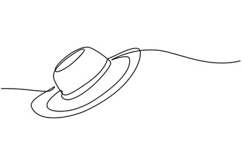 Continuous line drawing of summer concept of sandy beach, straw hat, starfish, bag, sunglasses and flip flops on a tropical beach. Vector illustration isolated on white background