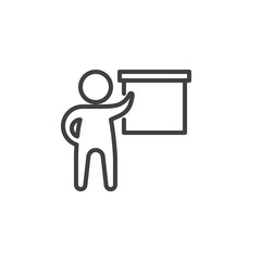 Man and whiteboard line icon. Person and projection screen linear style sign for mobile concept and web design. Business presentation outline vector icon. Symbol, logo illustration. Vector graphics
