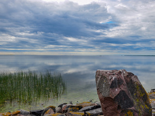 Fototapeta premium Beautiful bay and rocky beach in Hijuma. Plants and stones in the foreground, Estonia