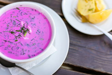 Traditional lithuanian cold beetroot pink soup