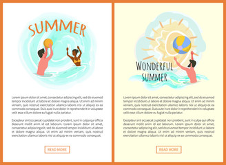 Wonderful summer vector, outdoor relaxation by seaside, man and woman playing waterpolo, inflatable ball games. Sunshine and fine weather website. Summertime activity