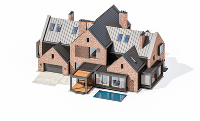 3d rendering of modern cozy clinker house on the ponds with garage and pool for sale or rent. Isolated on white