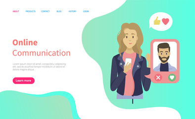 Online communication of man and woman, portrait view of female character holding smartphone with dating app, profile of man in phone, love vector. Website for online date, landing page flat style