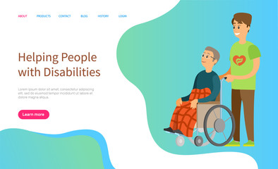 Helping people with disabilities vector, man helping person sitting on wheelchair, volunteering and caring for older person, invalid character. Website or slider app, landing page flat style