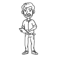 Vector drawing of a craftsman with beard and hammer on belt.  Outline, Comic, Cartoon, Doodle, Sketch.