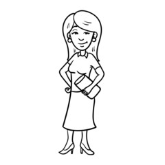 Businesswoman with long hair and skirt and high heels. handbag in hand. comic outline character, illustration, oultine, sketch, doodle, cartoon.
