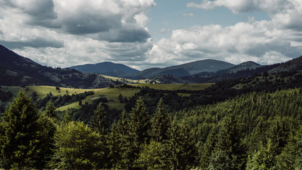 Fototapeta na wymiar Mountain valley. Natural summer landscape. Horizontal Banner background. Copy Space Background.