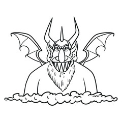 vector comic illustration of a devil in the clouds with bat wings. Monster, evil, outline, cartoon, sketch, doodle.