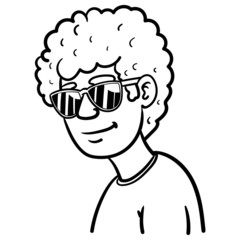 Hand drawn outline vector illustration of a boy with curly hair and sunglasses looking cool to side. comic, cartoon, sketch, doodle.