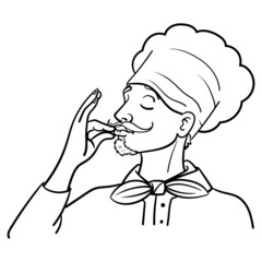 Hand drawn outline vector illustration of a chef with cap and beard, who guides his fingers to his mouth. comic, cartoon, sketch, doodle, profession.