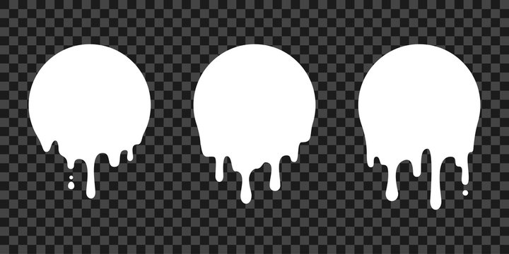 Paint drip stickers, circle white melt drop vector icons. Vector milk circle melt drops, graffiti paint drip blobs