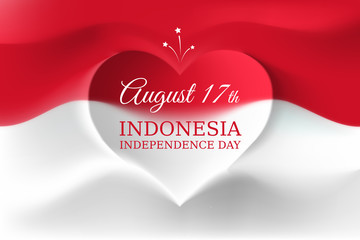 Banner august 17, independence day indonesia, vector template indonesian flag with heart shape. Background with flying flag. National holiday of indonesia on august 17. Independence day greeting card