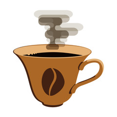 Vector coffee cup with handle with shadows on white backdrop. Cafe logo, mug icon. Closeup espresso in a earth yellow cup decorated with a coffee bean.