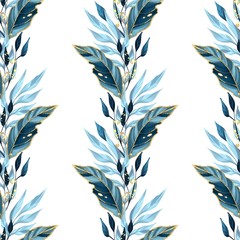 Seamless border with blue leaves. Pattern for wrapping paper, wall art design