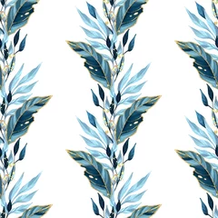 Zelfklevend Fotobehang Blauw goud Naadloze grens met blauwe bladeren. Patroon voor inpakpapier, kunst aan de muur