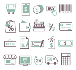 Vector icon set for creating inforaphics related to online shopping, sale and commerce, including shopping cart, mobile phone, buy button, price tag