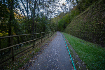 Ruta del Ferro, Iron and Coal Route, Old railway transformed in trail walk or bike ride. Villages of Sant Joan de les Abadesses and Ripoll, in Ripolles area, Catalonia, Spain.
