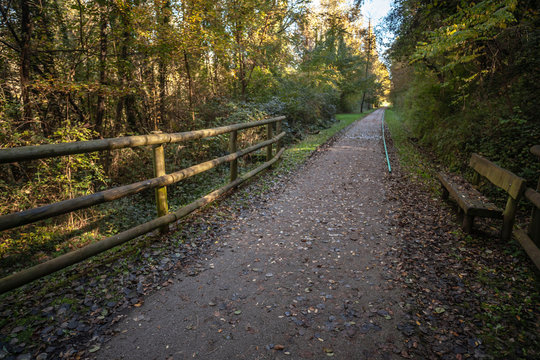 Ruta del Ferro, Iron and Coal Route, Old railway transformed in trail walk or bike ride. Villages of Sant Joan de les Abadesses and Ripoll, in Ripolles area, Catalonia, Spain.