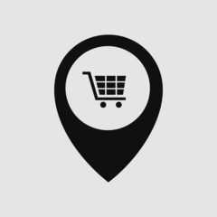 Shopping cart in location marker pin icon. E-commerce related vector icon.