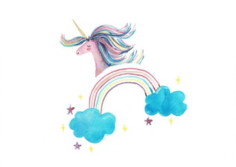 Unicorn. Cute pink watercolor unicorn and cloud, rainbow. Set of watercolor objects with unicorn isolated on white background for your design: textile, fabric, postcard, invitation, unicorn.