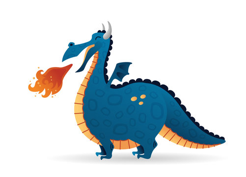 Funny fire fairytale dragon cartoon. Flying fairtale cute dinosaur. 