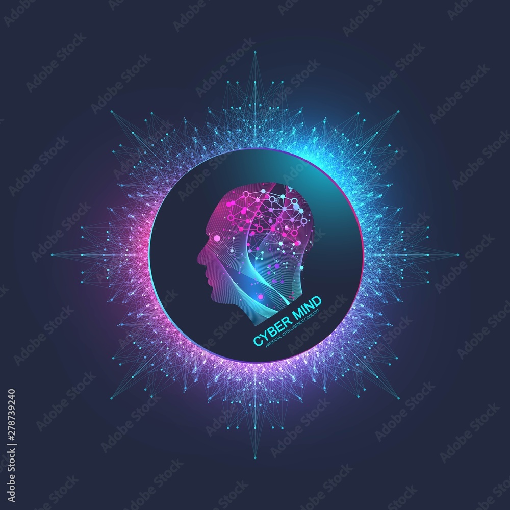 Aufkleber Cyber mind and Artificial Intelligence concept. Neural networks and another modern technologies concept. Brain Analysis. Futuristic cyber humanoid brain. Big Data stream. Technology vector brain