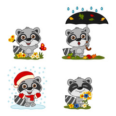 Set of little raccoon in cartoon style in different seasons - summer, autumn, winter, spring - isolated on white background