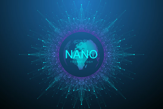 Nano Technologies Abstract Background. Cyber Technology Concept. Artificial Intelligence, Virtual Reality, Bionics, Robotics, Global Network, Microprocessor, Nano Robots. Vector Illustration, Banner