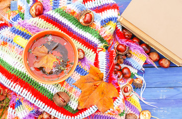 Still life with cup of tea and fall leaves on checkered bright warm striped plaid in autumn garden.