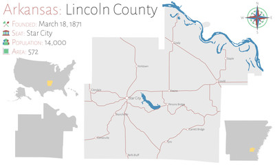 Large and detailed map of Lincoln county in Arkansas, USA