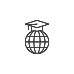 Graduation cap on globe line icon. linear style sign for mobile concept and web design. Earth globe with academic cap outline vector icon. Online learning and elearning symbol, logo illustration.