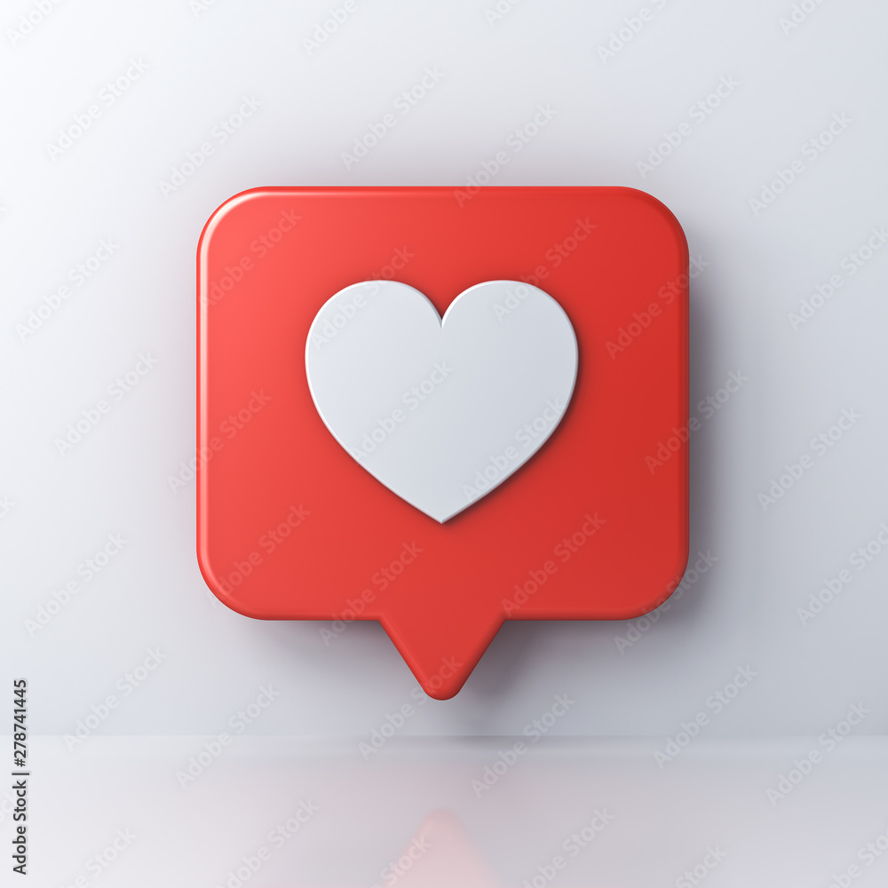 Poster 3d social media notification love like heart icon in red rounded square pin isolated on white wall background with shadow and reflection 3D rendering