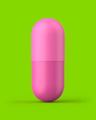 Pink pill capsule on a green background. 3d render. Front view. Kitsch Art Series.