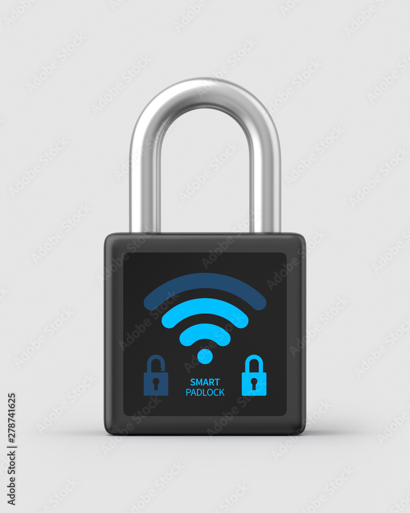 Wall mural black locked smart padlock with a blue display on a light grey background. 3d render. front view. is