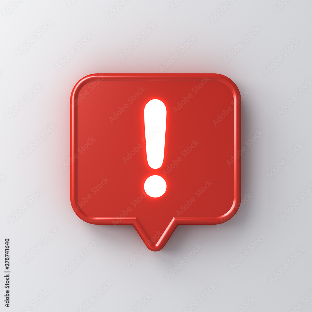 Poster 3d social media notification neon light exclamation mark icon in red rounded square pin isolated on 