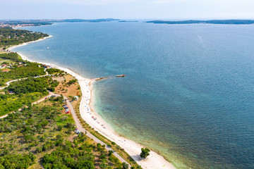 Aerial view of the seaside with buildings and greens trees over the ocean