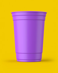 Purple 16oz 455ml american plastic party cup on a yellow background. 3d render. Front view. Kitsch Art Series.