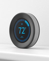 Smart thermostat on a white stand against a white wall. 3d render. Angled view. Smart Home Series.