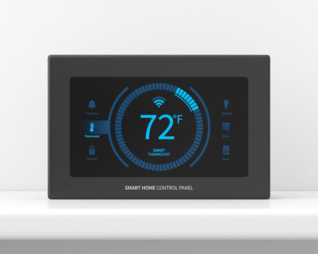 Smart home control panel on a white stand against a white wall. 3d render. Front view. Smart Home Series.