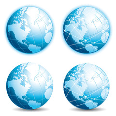 Four blue globes. World icons set. Eaarth and connectivity. Vector pack.