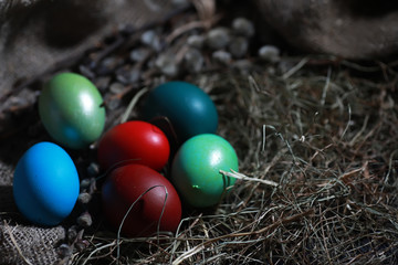 Easter painted eggs on burlap