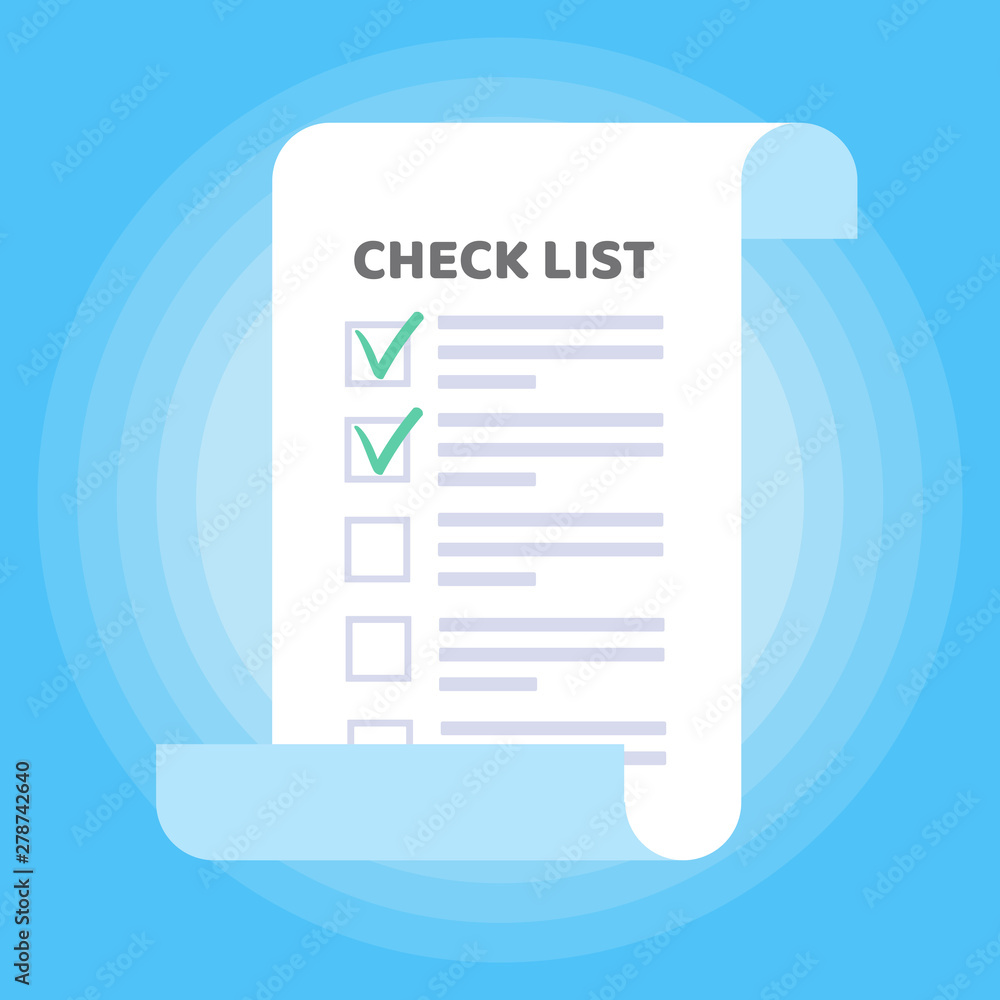 Poster paper sheet with check list with check marks ticks to fill out and text on it flat style design isol