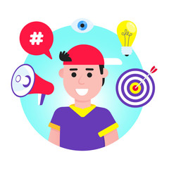 Social media avatar man icon flat style design in the circle isolated on white background arounded with social symbols target, speech bubble hashtag, megaphone, eye, lightbulb.