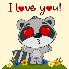 Valentine's day card - cute raccoon with hearts in his eyes spread his hands for a kiss and text I love you
