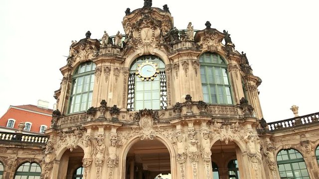 Ronin shot of famous Zwinger palace (Der Dresdner Zwinger) Art Gallery of Dresden. Colorful spring scene in Dresden, Saxony, Germany, Europe. 4k video. Wide angle, prores, slow motion