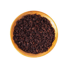 heap of dried red barberry in woodenplate isolated on white background. top view