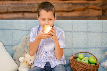 Caucasian  boy of nine  year old sits on a garden swing and eat green apples. Happy smiling child,...