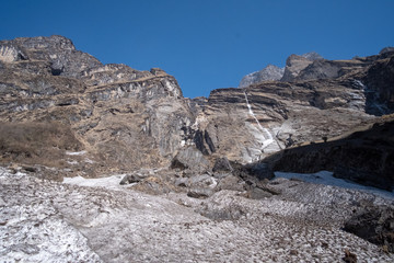 Cruel path,Snow in Himalaya Annapurna mountain base camp, Nepal.